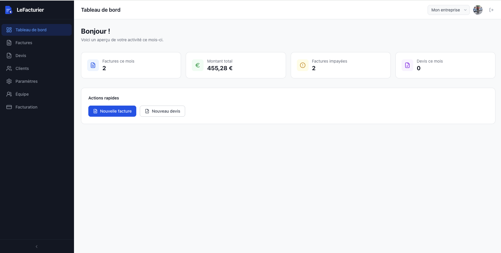 LeFacturier - Tableau de bord